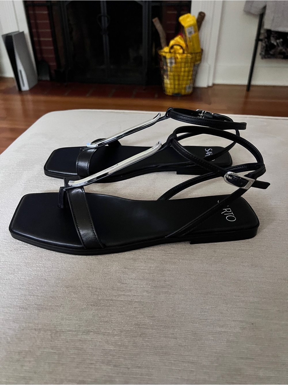 SARTO By Franco Sarto Black Strappy T‑Bar Sandals with Silver Accent